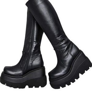 brand new black faux leather knee high boots. size 9.5-10. wedge platform heel